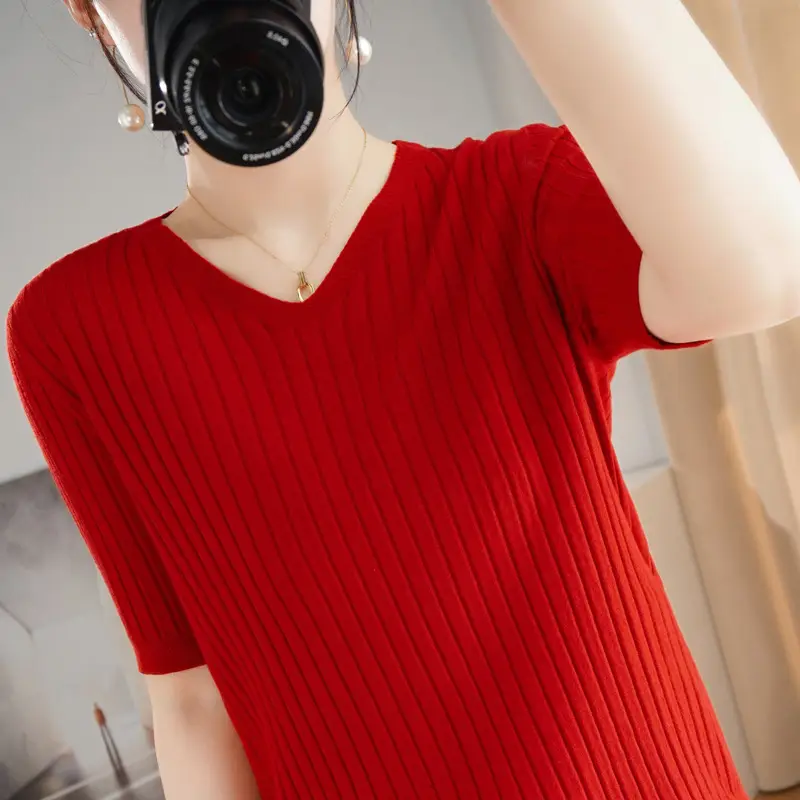 2024 Women's V Neck Knitted T-Shirt Pure Color - Image 23