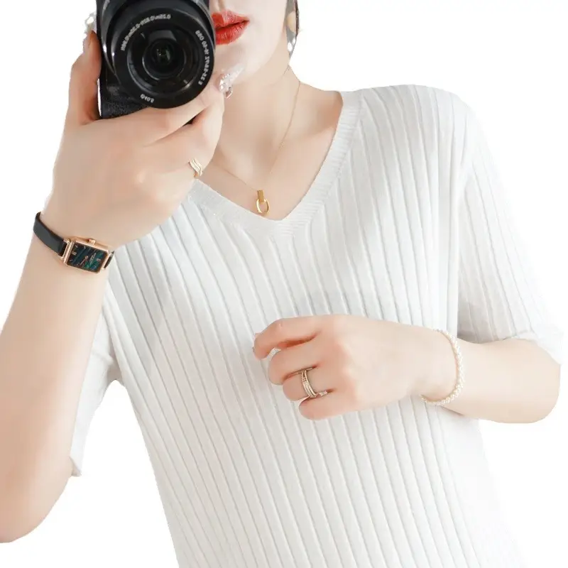 2024 Women's V Neck Knitted T-Shirt Pure Color - Image 25