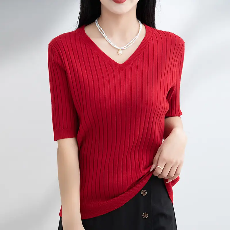 2024 Women's V Neck Knitted T-Shirt Pure Color - Image 10