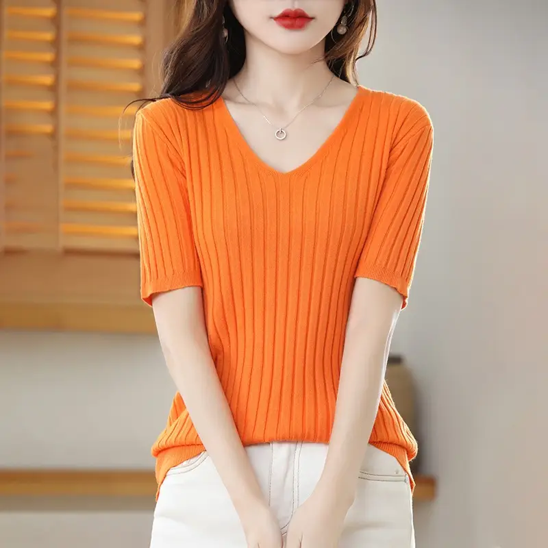 2024 Women's V Neck Knitted T-Shirt Pure Color - Image 11