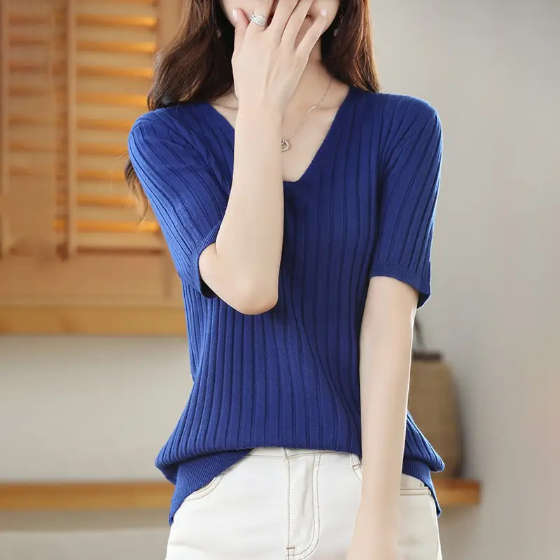 2024 Women's V Neck Knitted T-Shirt Pure Color - Image 12