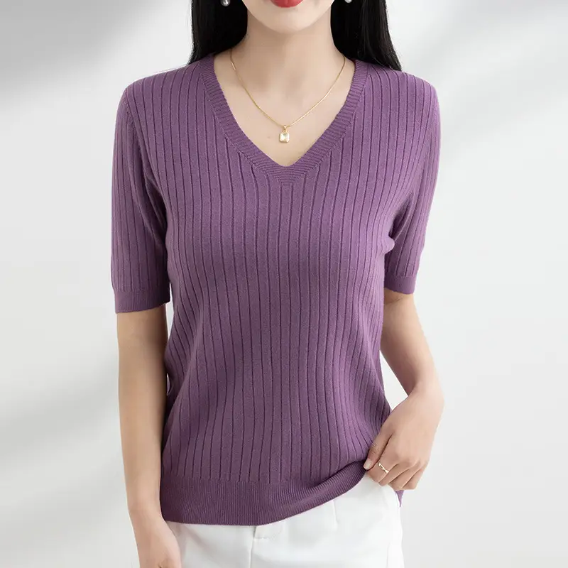 2024 Women's V Neck Knitted T-Shirt Pure Color - Image 13