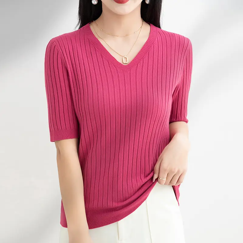 2024 Women's V Neck Knitted T-Shirt Pure Color - Image 14