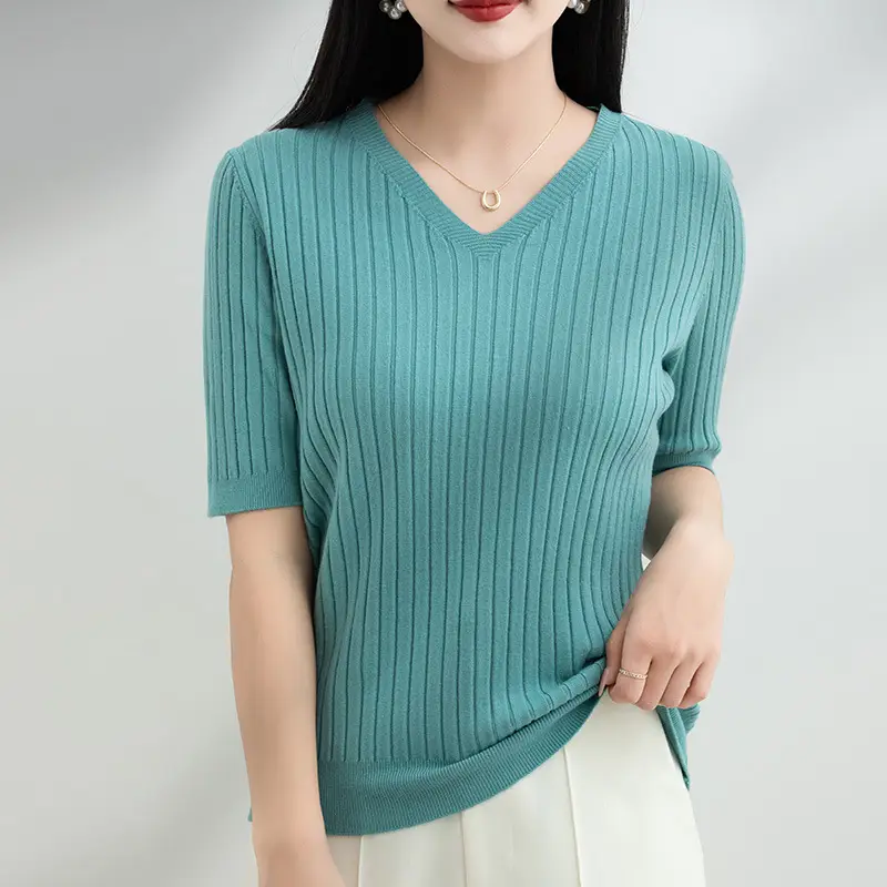 2024 Women's V Neck Knitted T-Shirt Pure Color - Image 16