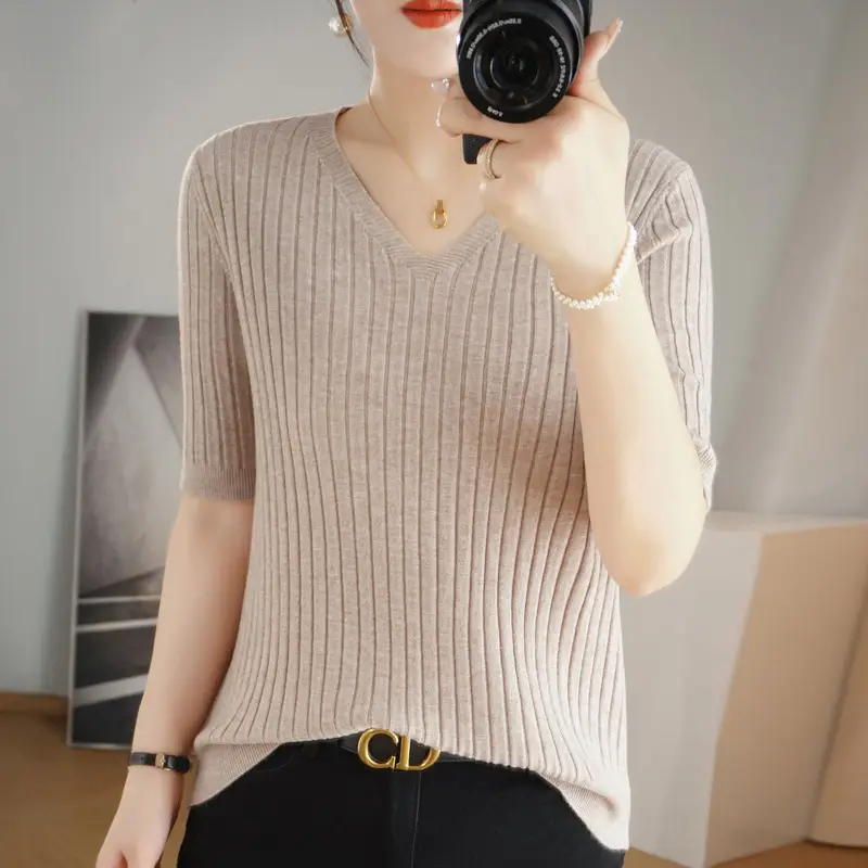 2024 Women's V Neck Knitted T-Shirt Pure Color - Image 17