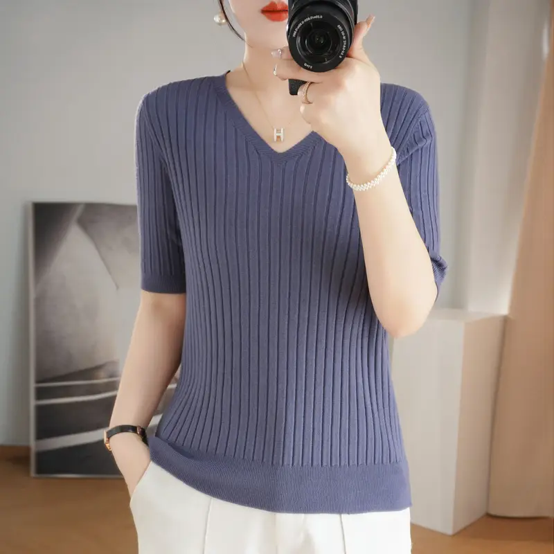 2024 Women's V Neck Knitted T-Shirt Pure Color - Image 18