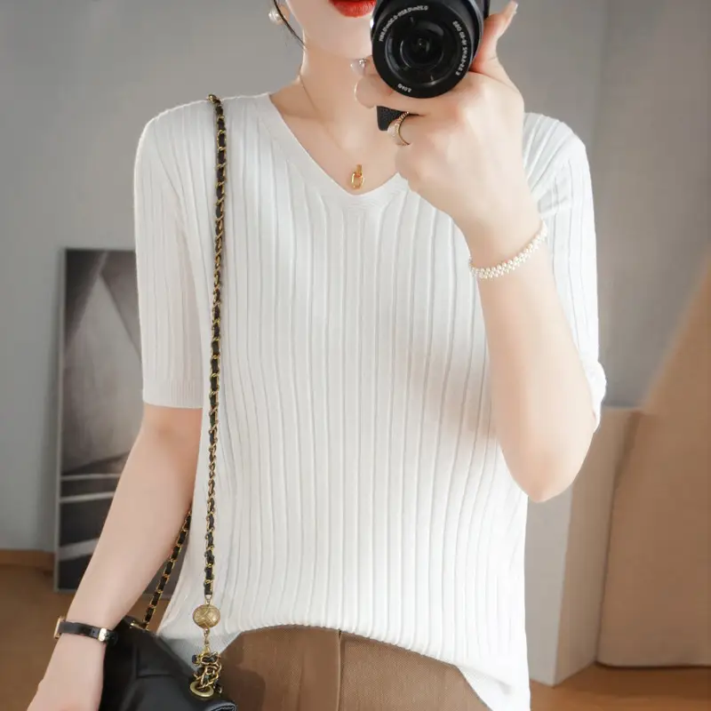 2024 Women's V Neck Knitted T-Shirt Pure Color - Image 2