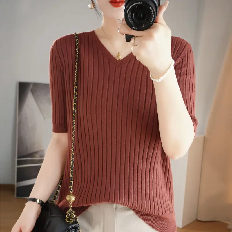 2024 Women's V Neck Knitted T-Shirt Pure Color - Image 19