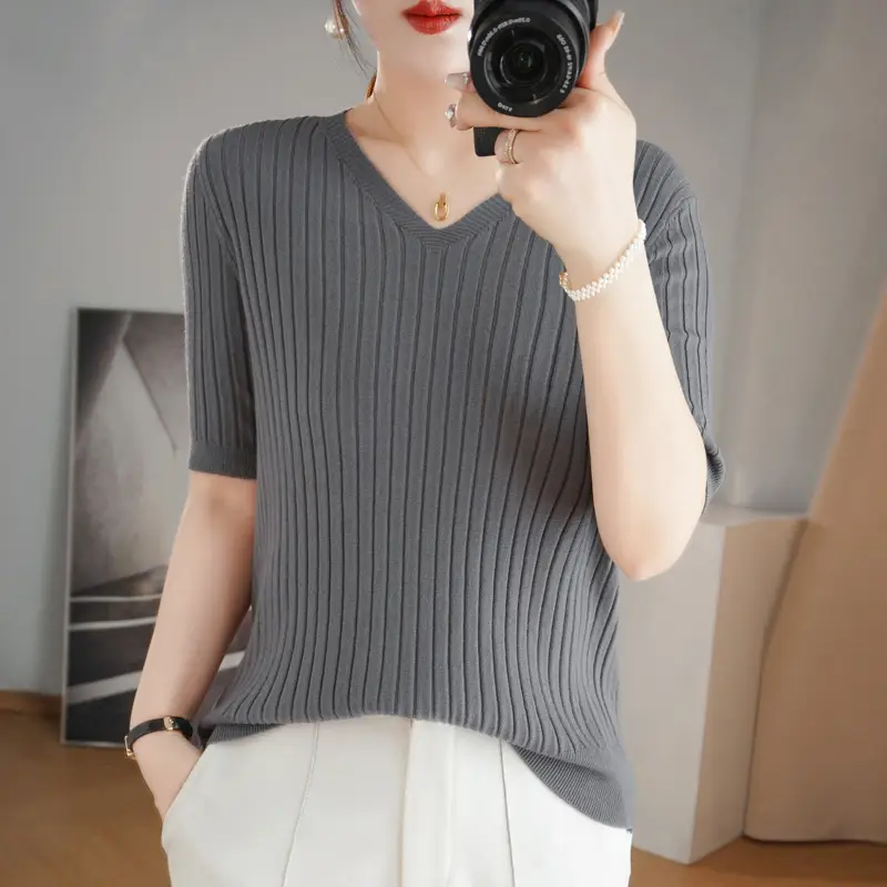 2024 Women's V Neck Knitted T-Shirt Pure Color - Image 20