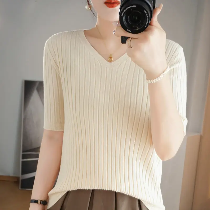 2024 Women's V Neck Knitted T-Shirt Pure Color - Image 3
