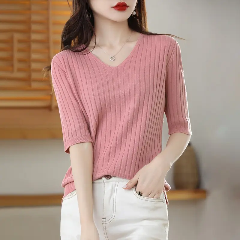 2024 Women's V Neck Knitted T-Shirt Pure Color - Image 4