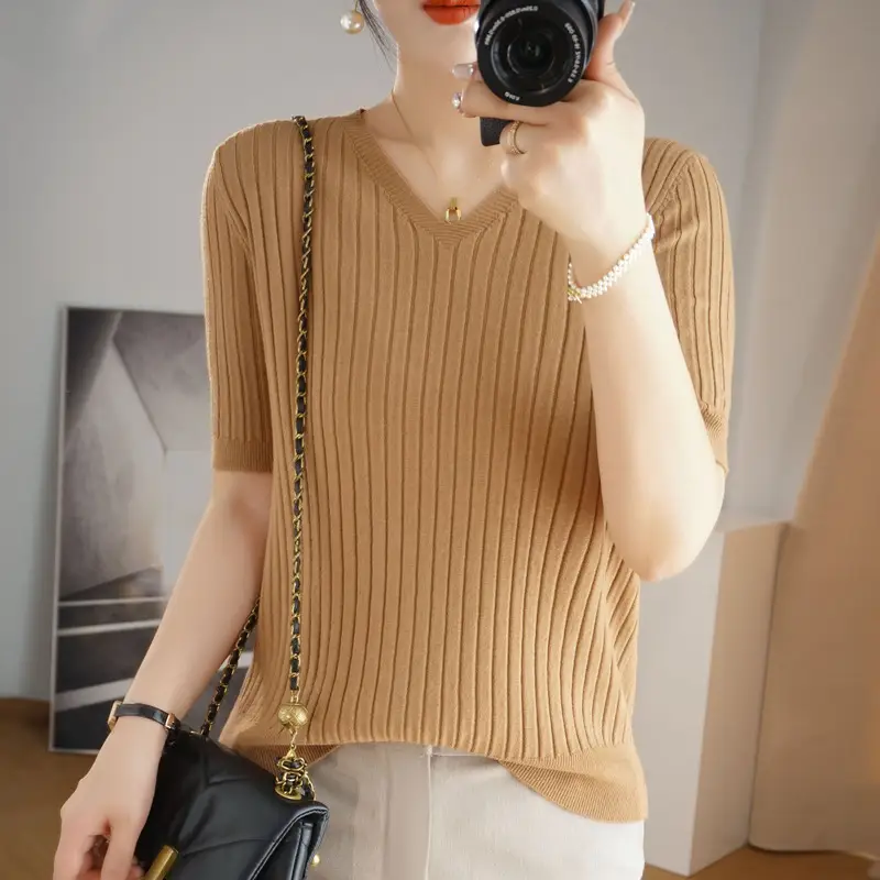2024 Women's V Neck Knitted T-Shirt Pure Color - Image 5