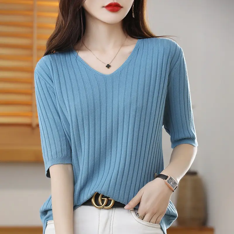 2024 Women's V Neck Knitted T-Shirt Pure Color - Image 6