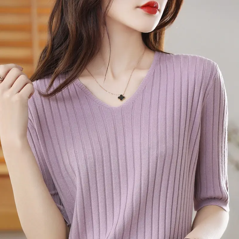 2024 Women's V Neck Knitted T-Shirt Pure Color - Image 7