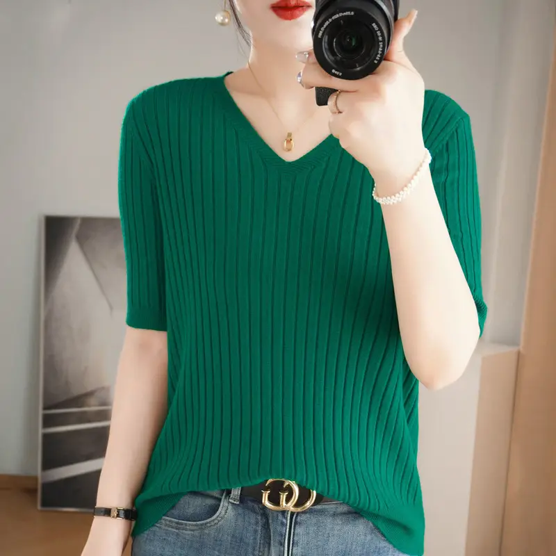 2024 Women's V Neck Knitted T-Shirt Pure Color - Image 8