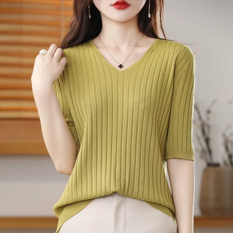 2024 Women's V Neck Knitted T-Shirt Pure Color - Image 9