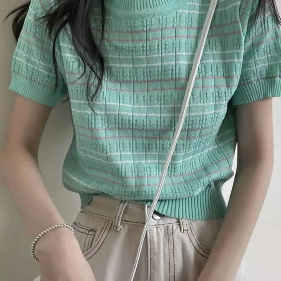 2025 Women Knitted Striped T-Shirt Short Sleeve Elegant Casual - Image 10
