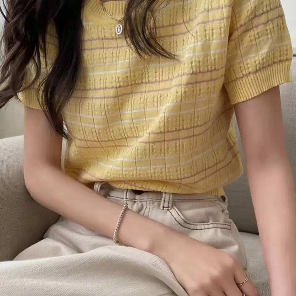 2025 Women Knitted Striped T-Shirt Short Sleeve Elegant Casual - Image 11
