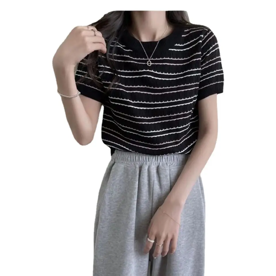 2025 Women Knitted Striped T-Shirt Short Sleeve Elegant Casual - Image 13