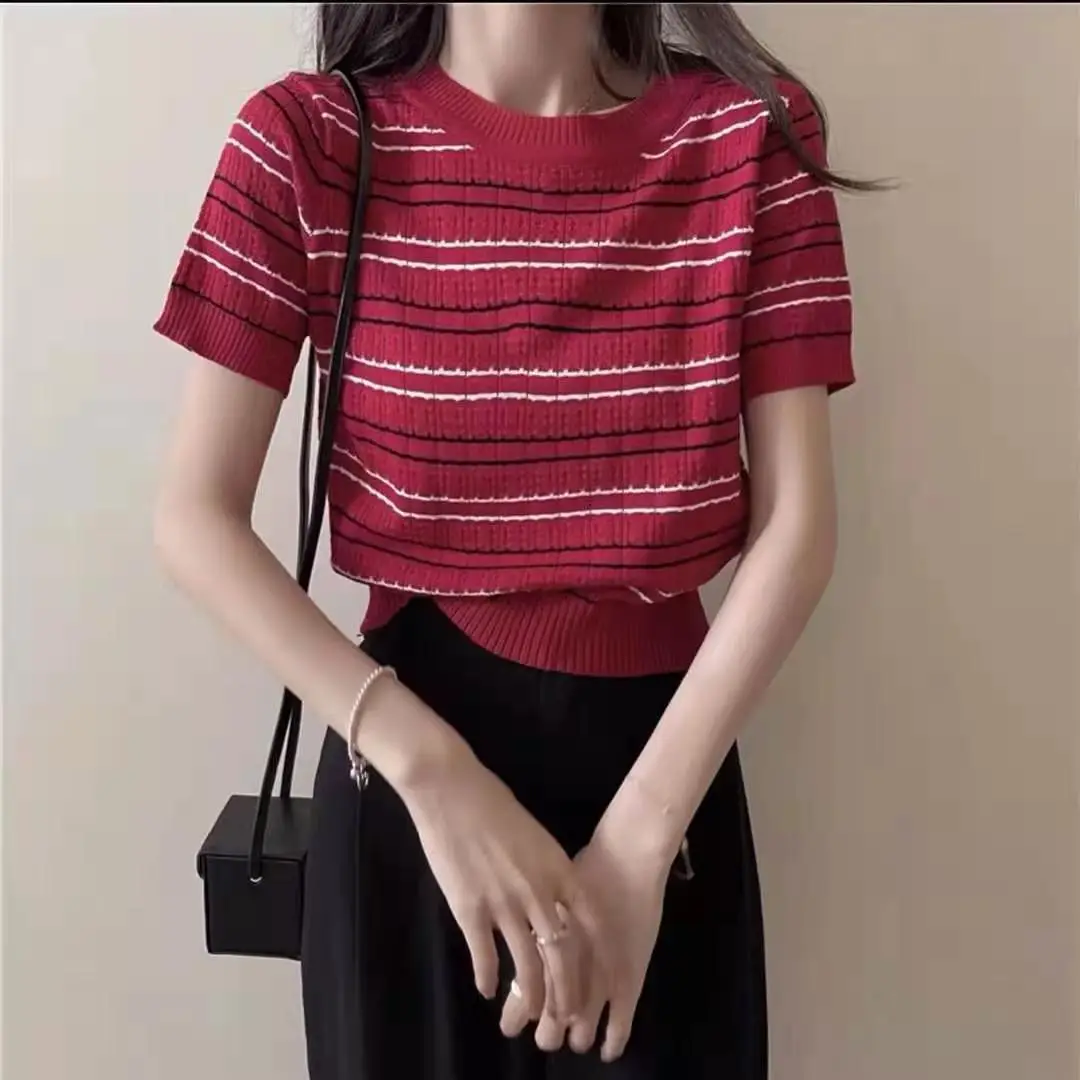 2025 Women Knitted Striped T-Shirt Short Sleeve Elegant Casual — feature 9