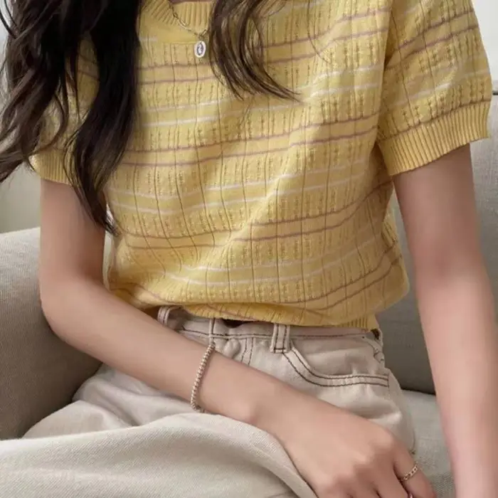 2025 Women Knitted Striped T-Shirt Short Sleeve Elegant Casual - Image 3