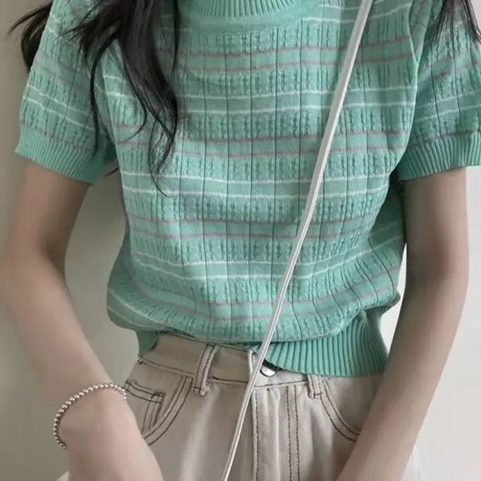 2025 Women Knitted Striped T-Shirt Short Sleeve Elegant Casual - Image 4