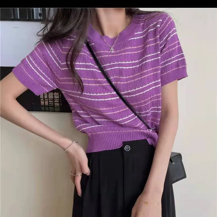 2025 Women Knitted Striped T-Shirt Short Sleeve Elegant Casual - Image 7