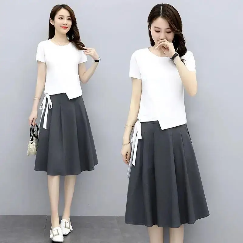 Women 2-Piece Summer Skirt Set White T-Shirt Black Pleated Skirt - Image 7