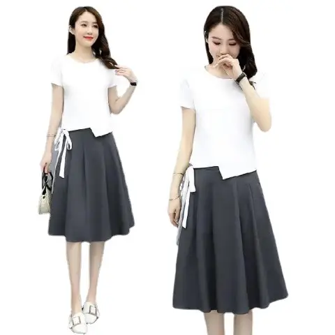 Women 2-Piece Summer Skirt Set White T-Shirt Black Pleated Skirt - Image 9