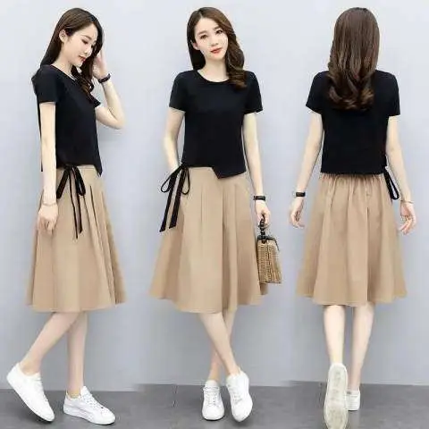 Women 2-Piece Summer Skirt Set White T-Shirt Black Pleated Skirt - Image 2