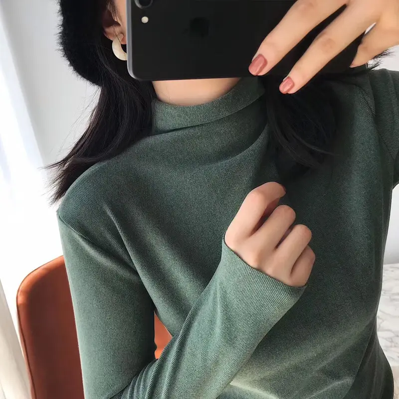 Women German Velvet Turtleneck Shirt Green Slim Fit