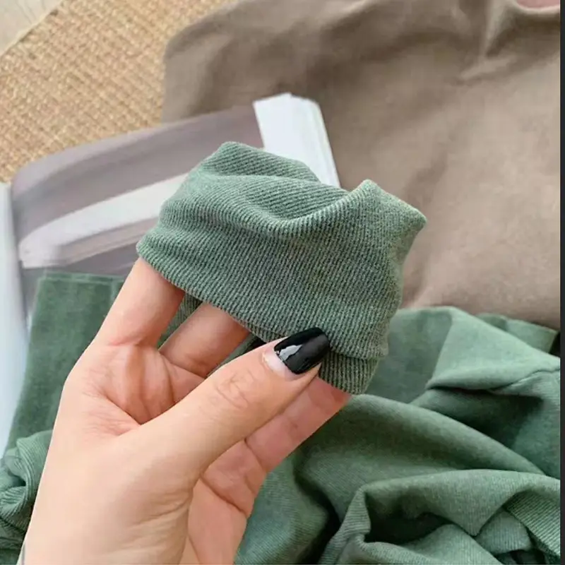 Women German Velvet Turtleneck Shirt Green Slim Fit
