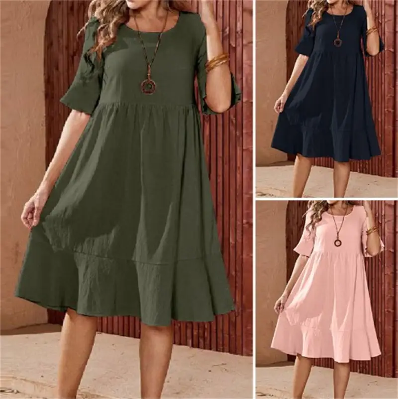 Women's Pink Swing Dress Large Cotton Linen Round Neck - Image 4