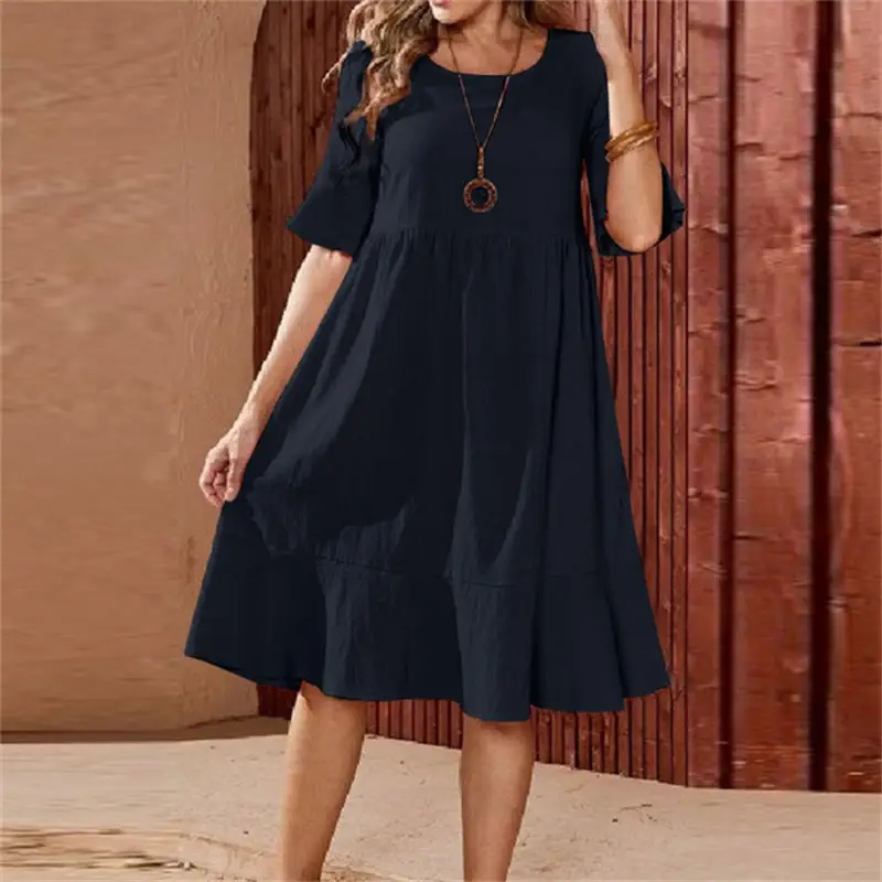 Women's Pink Swing Dress Large Cotton Linen Round Neck - Image 2