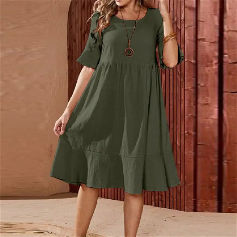 Women's Pink Swing Dress Large Cotton Linen Round Neck - Image 3