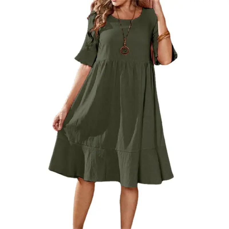 Women's Pink Swing Dress Large Cotton Linen Round Neck - Image 5