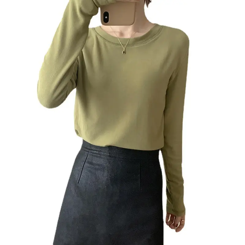 Women Double-Sided Velvet T-Shirt Brown Long Sleeve