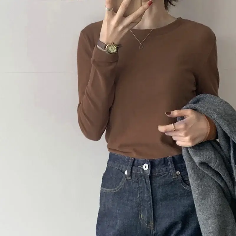 Women Double-Sided Velvet T-Shirt Brown Long Sleeve