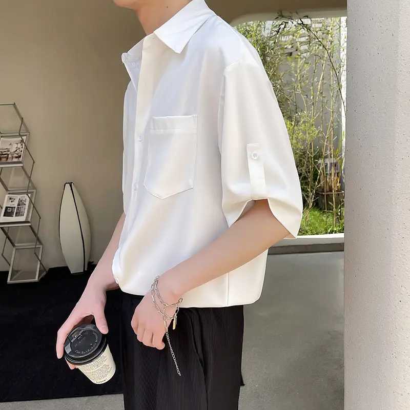 Men's White Short Sleeve Silk Shirt with Pocket - Image 5