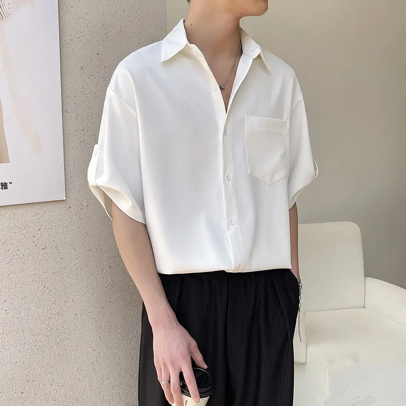 Men's White Short Sleeve Silk Shirt with Pocket - Image 2