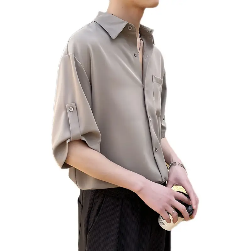 Men's White Short Sleeve Silk Shirt with Pocket - Image 6