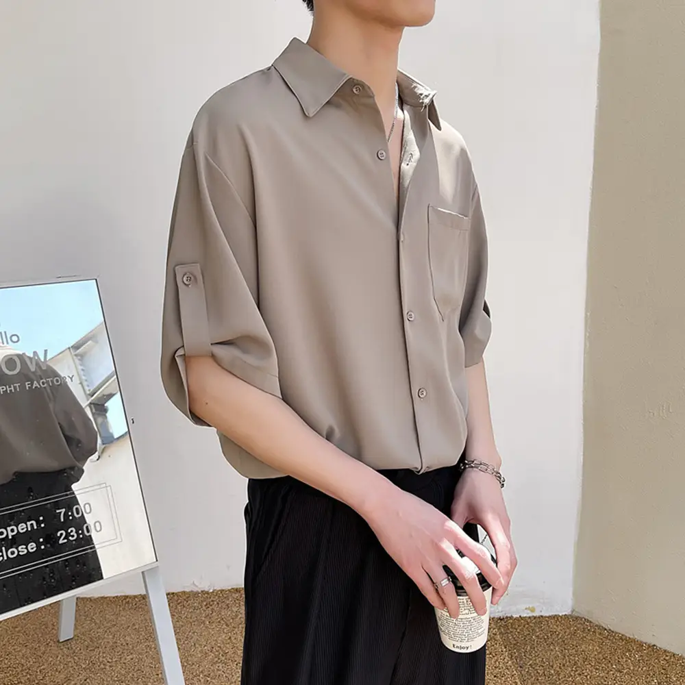 Men's White Short Sleeve Silk Shirt with Pocket - Image 3