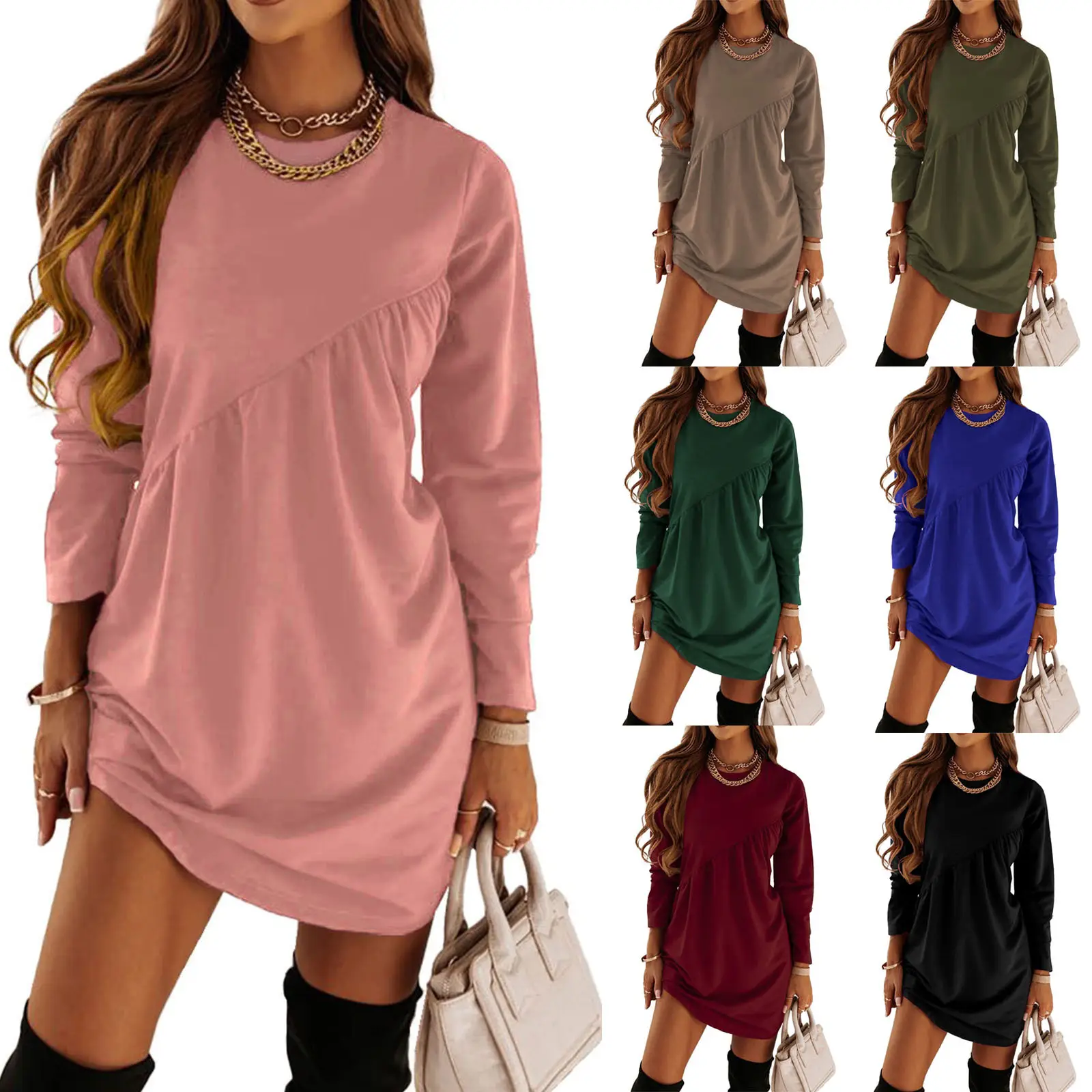 Women Long Sleeve Belted Dress Pink Loose Pleated