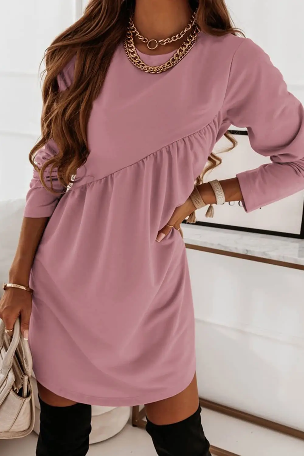 Women Long Sleeve Belted Dress Pink Loose Pleated