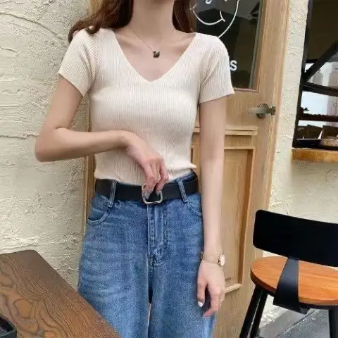 Women V-Neck Ice Silk T-Shirt Slim Fit 2025 - Image 12