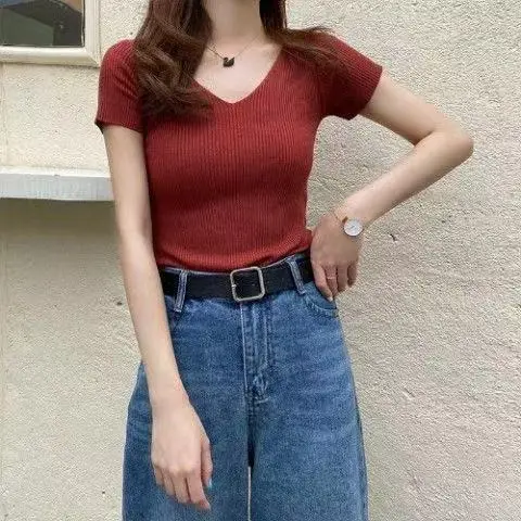 Women V-Neck Ice Silk T-Shirt Slim Fit 2025 - Image 6