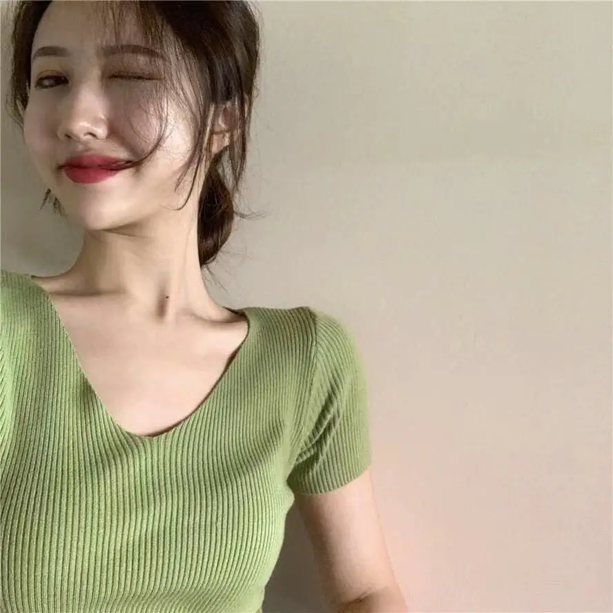 Women V-Neck Ice Silk T-Shirt Slim Fit 2025 - Image 7
