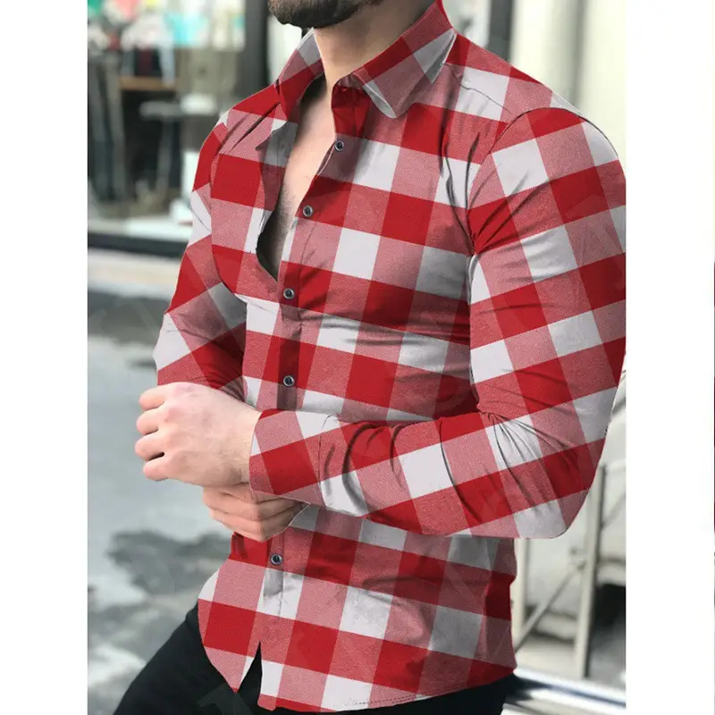 Men Red Plaid Long Sleeve Shirt 2026 - Image 3
