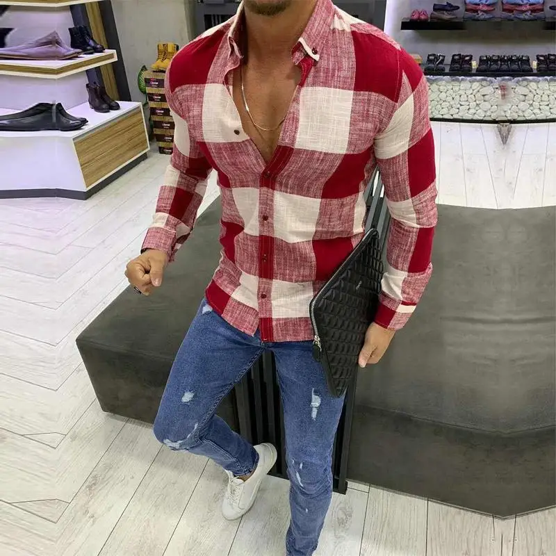 Men Red Plaid Long Sleeve Shirt 2026 - Image 8