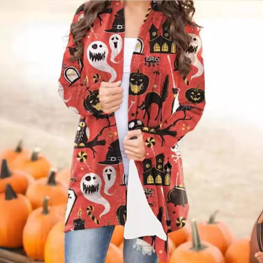 Women's Joker Printed Casual Coat Small Cardigan Orange - Image 29
